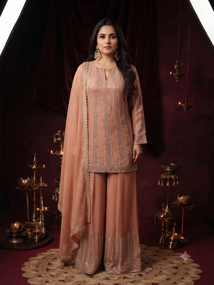 Sequin Embroidered Striped Kurta with Palazzo Set in Peach
