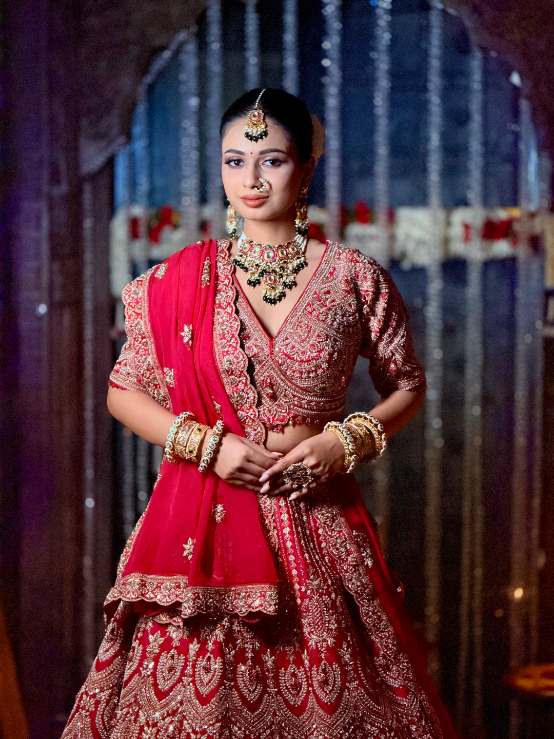 Stone Embellished Paisley Bridal Lehenga Choli Set in Pink Gold