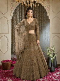 Olive Gold Net Bridal Lehenga Choli with Heavy Zari, Sequin & Mirror Work Embroidery with Crystal Tassel Hem & Net Dupatta