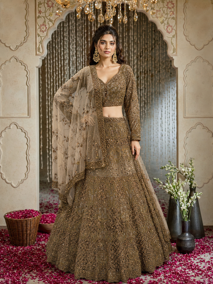 Olive Gold Net Bridal Lehenga Choli with Heavy Zari, Sequin & Mirror Work Embroidery with Crystal Tassel Hem & Net Dupatta