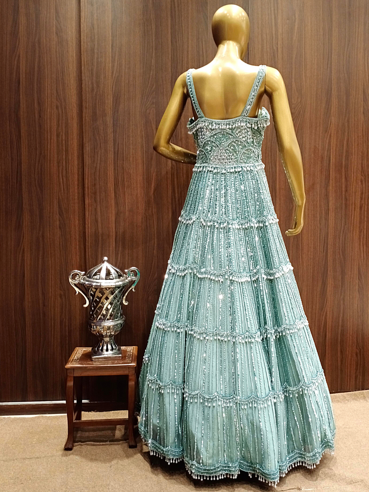 Metallic Ice Blue Crystal Hand Embellished Gown with Pearl Embroidery
