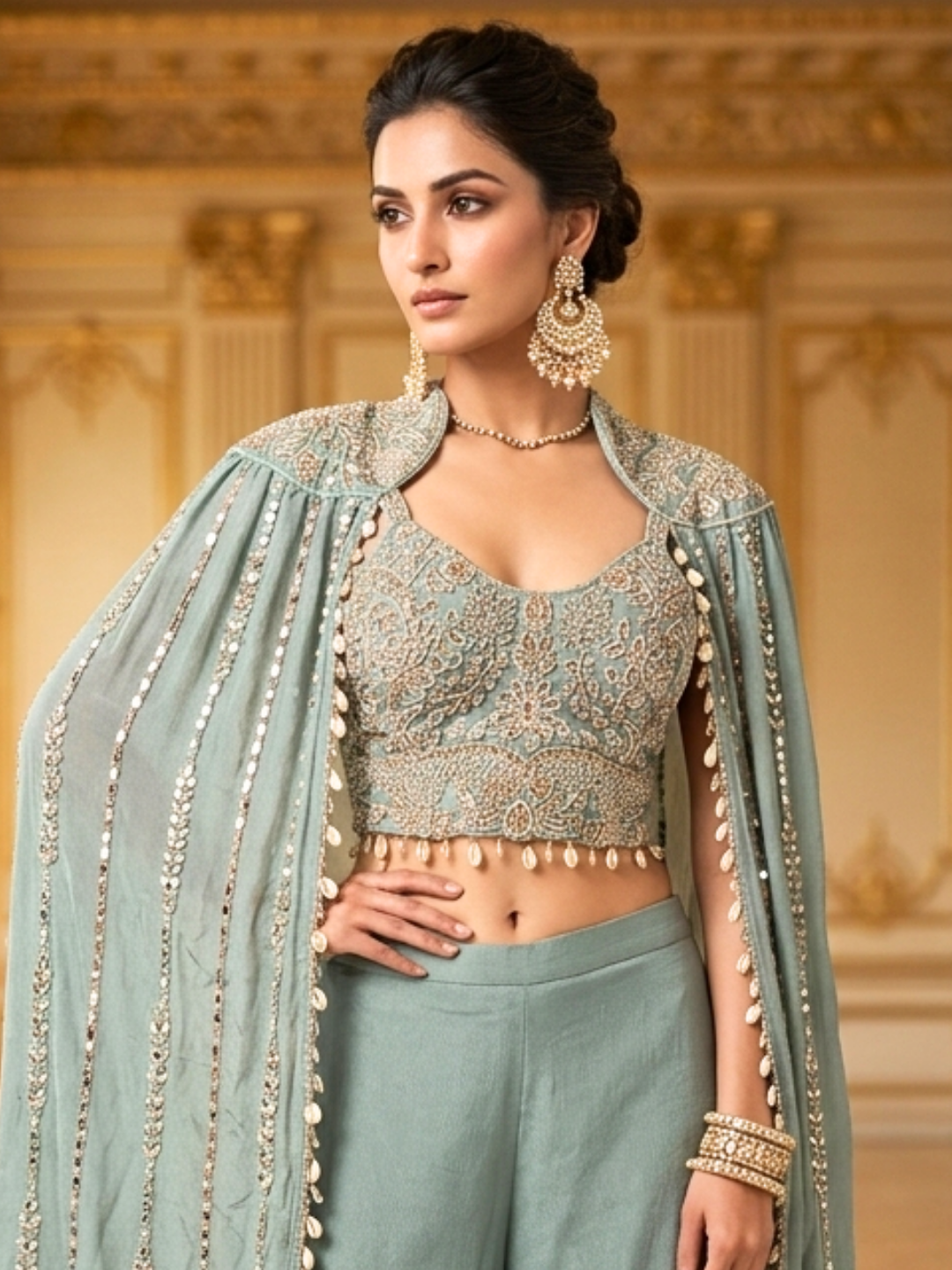Silk Sequin & Mirror Embroidered Cape Blouse with Palazzo Set in Ice-Blue