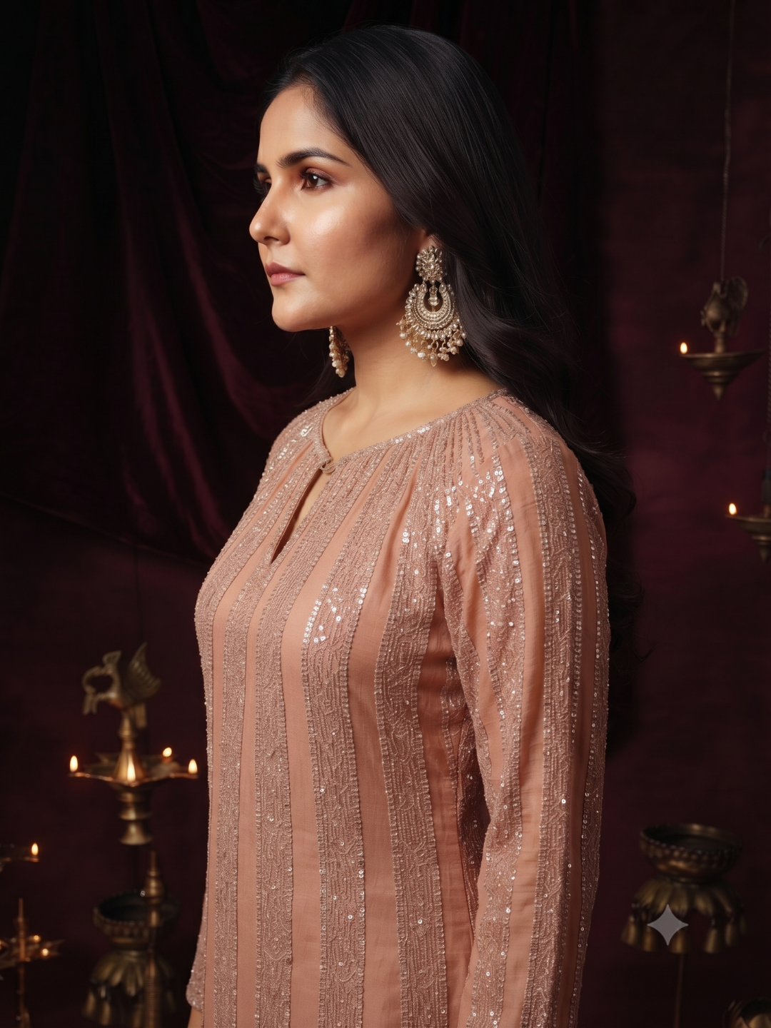 Sequin Embroidered Striped Kurta with Palazzo Set in Peach
