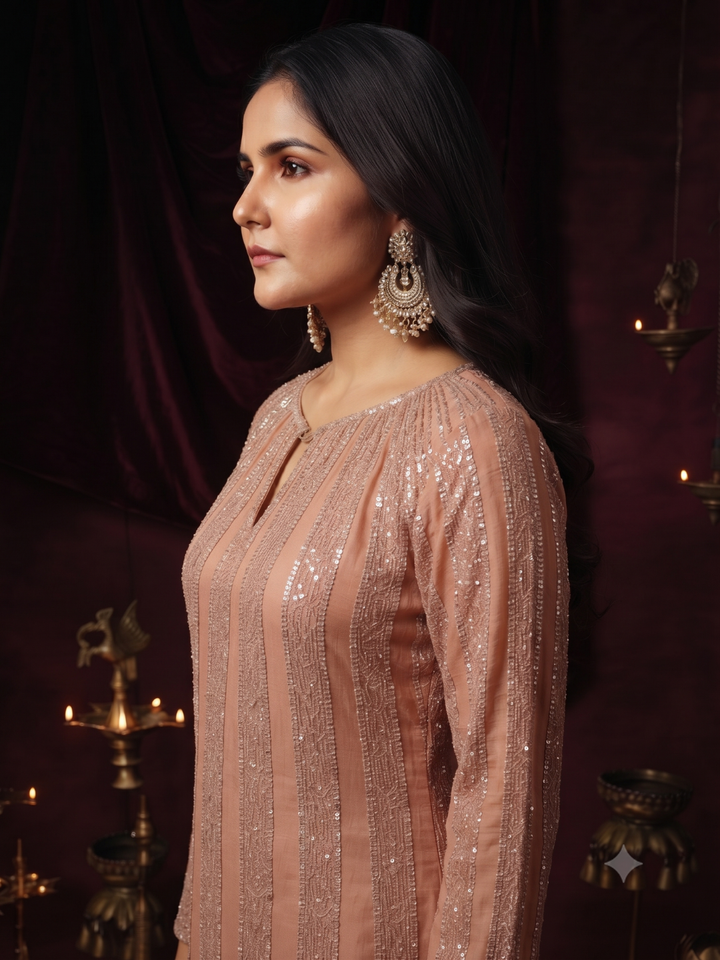 Sequin Embroidered Striped Kurta with Palazzo Set in Peach