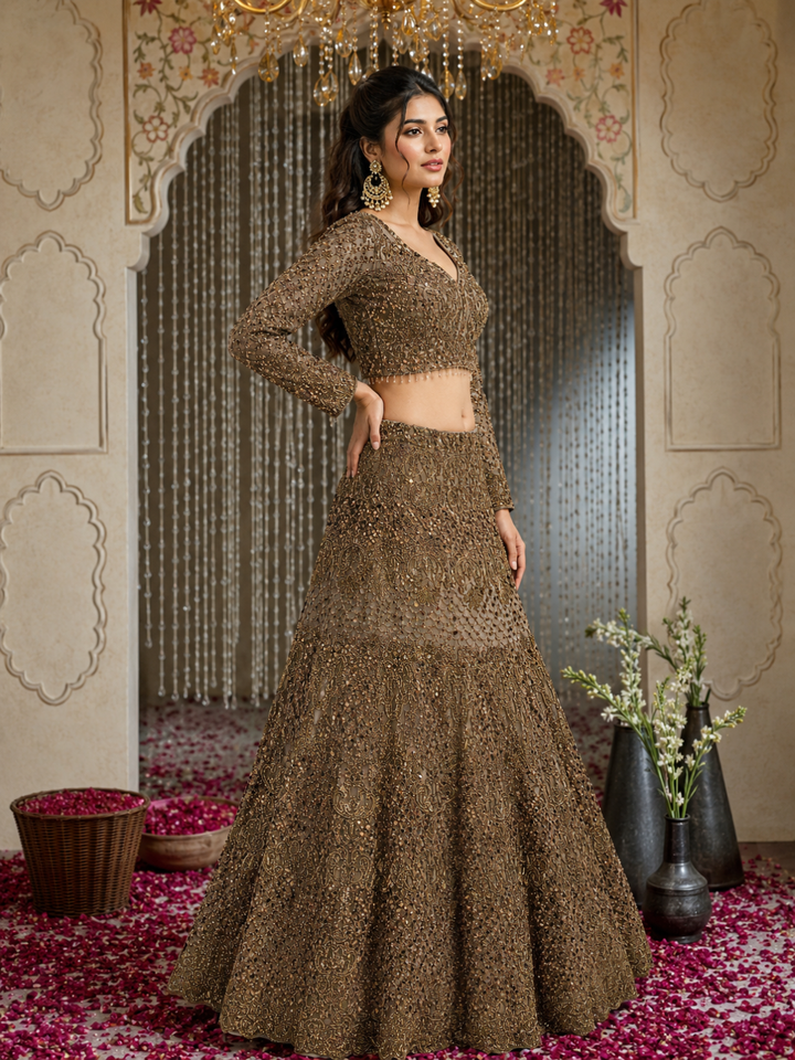 Olive Gold Net Bridal Lehenga Choli with Heavy Zari, Sequin & Mirror Work Embroidery with Crystal Tassel Hem & Net Dupatta