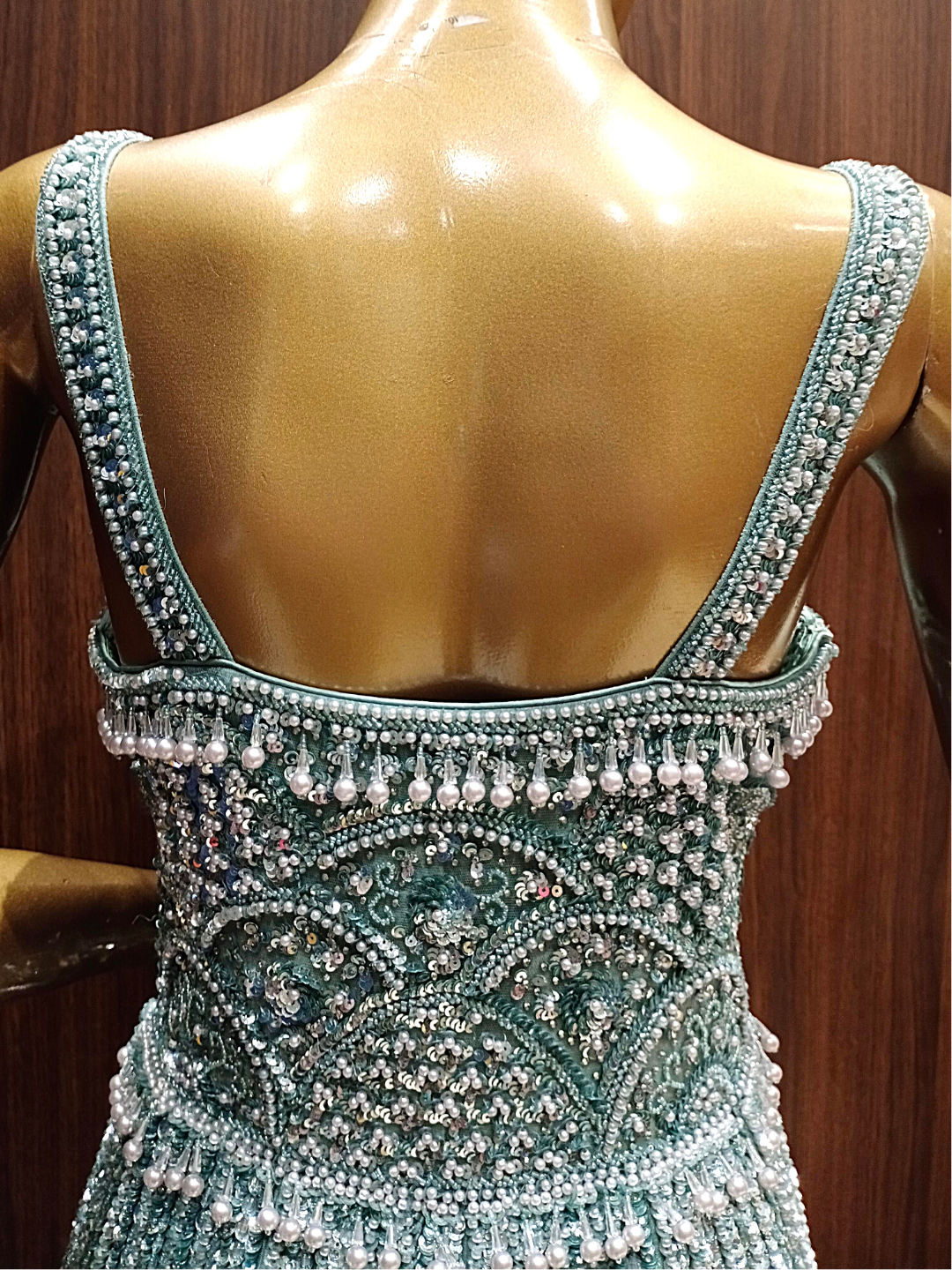 Metallic Ice Blue Crystal Hand Embellished Gown with Pearl Embroidery