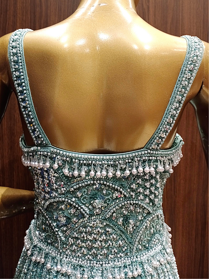 Metallic Ice Blue Crystal Hand Embellished Gown with Pearl Embroidery