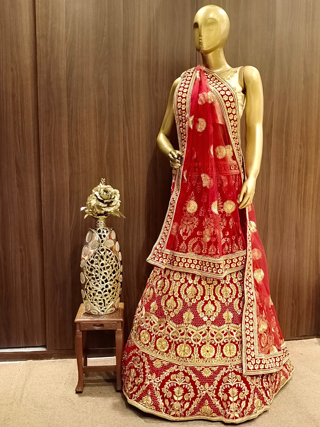 Heavy Ornate Semi-stitched Bridal Lehenga with Gold Zari ,Kundan Embroidery