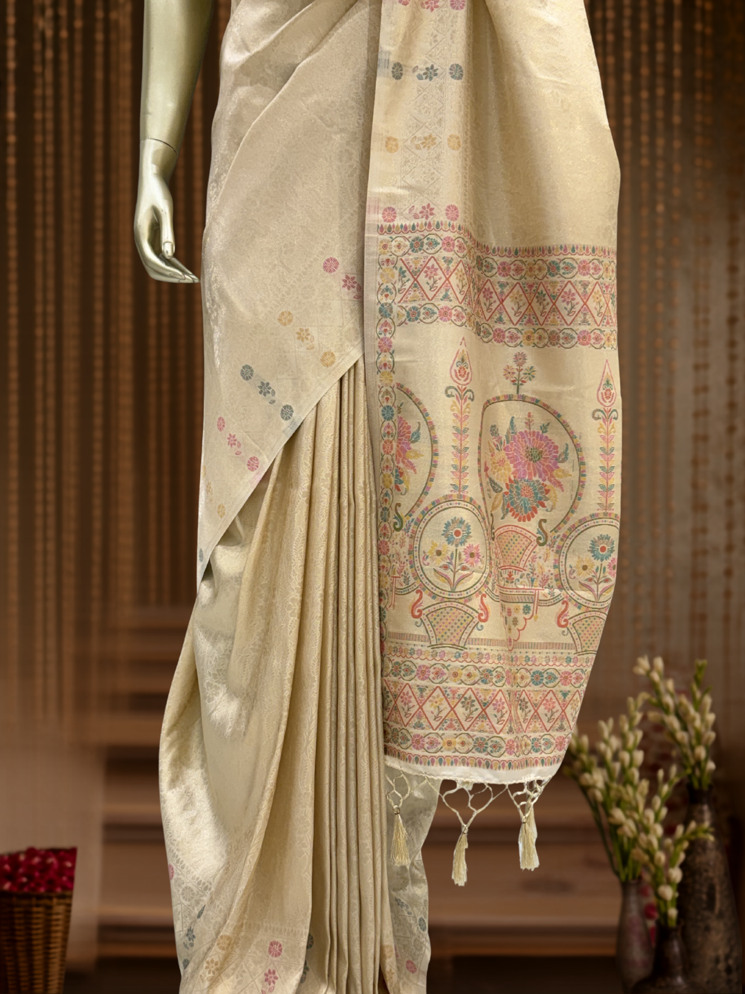 Banarasi Silk Meenakari Zari Jaal Woven Saree with Blouse Piece in Ivory