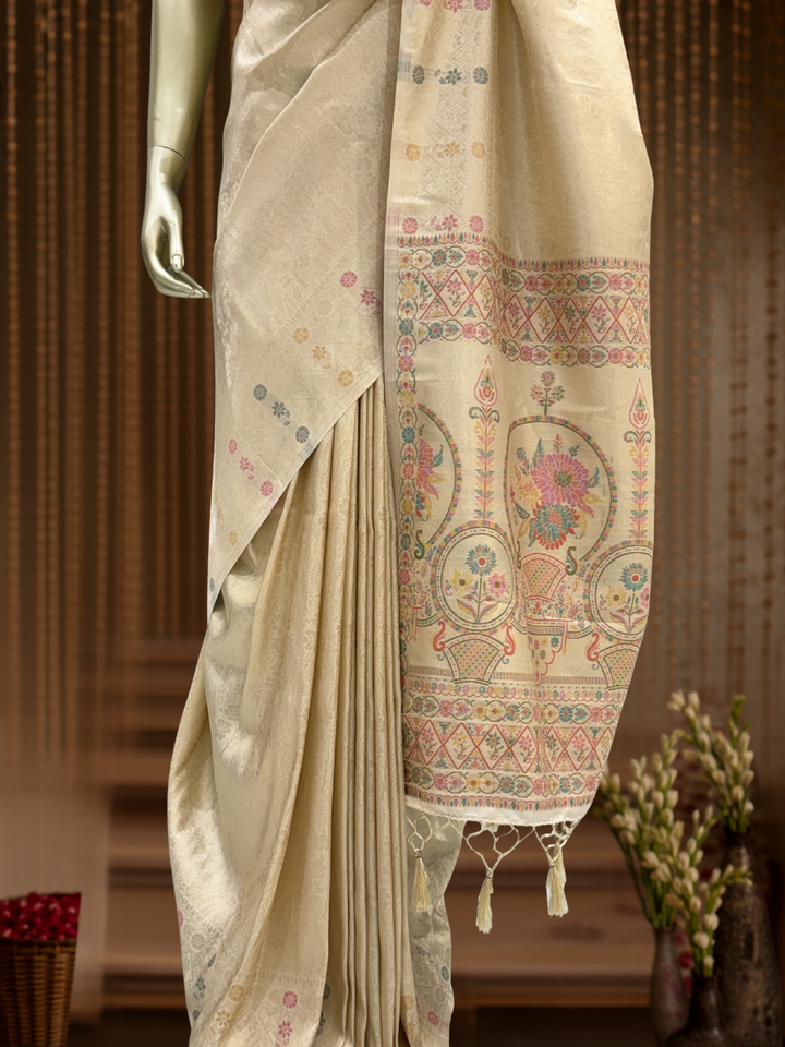Banarasi Silk Meenakari Zari Jaal Woven Saree with Blouse Piece in Ivory