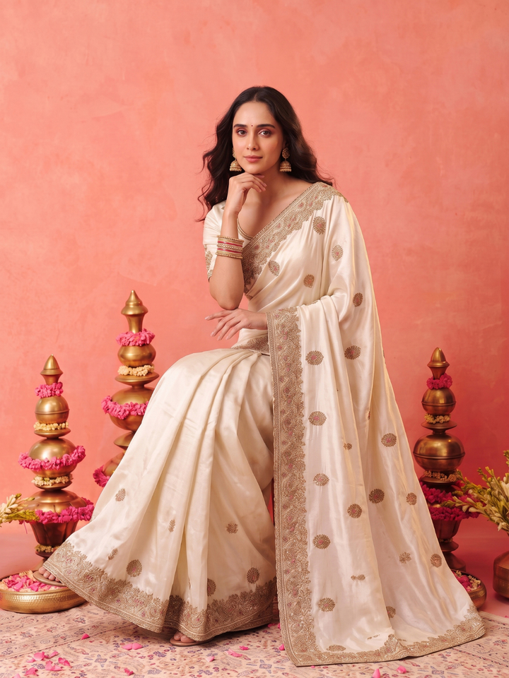 Satin Silk Saree with Antique Zari Booti Embroidery & Heavy Embroidered Border