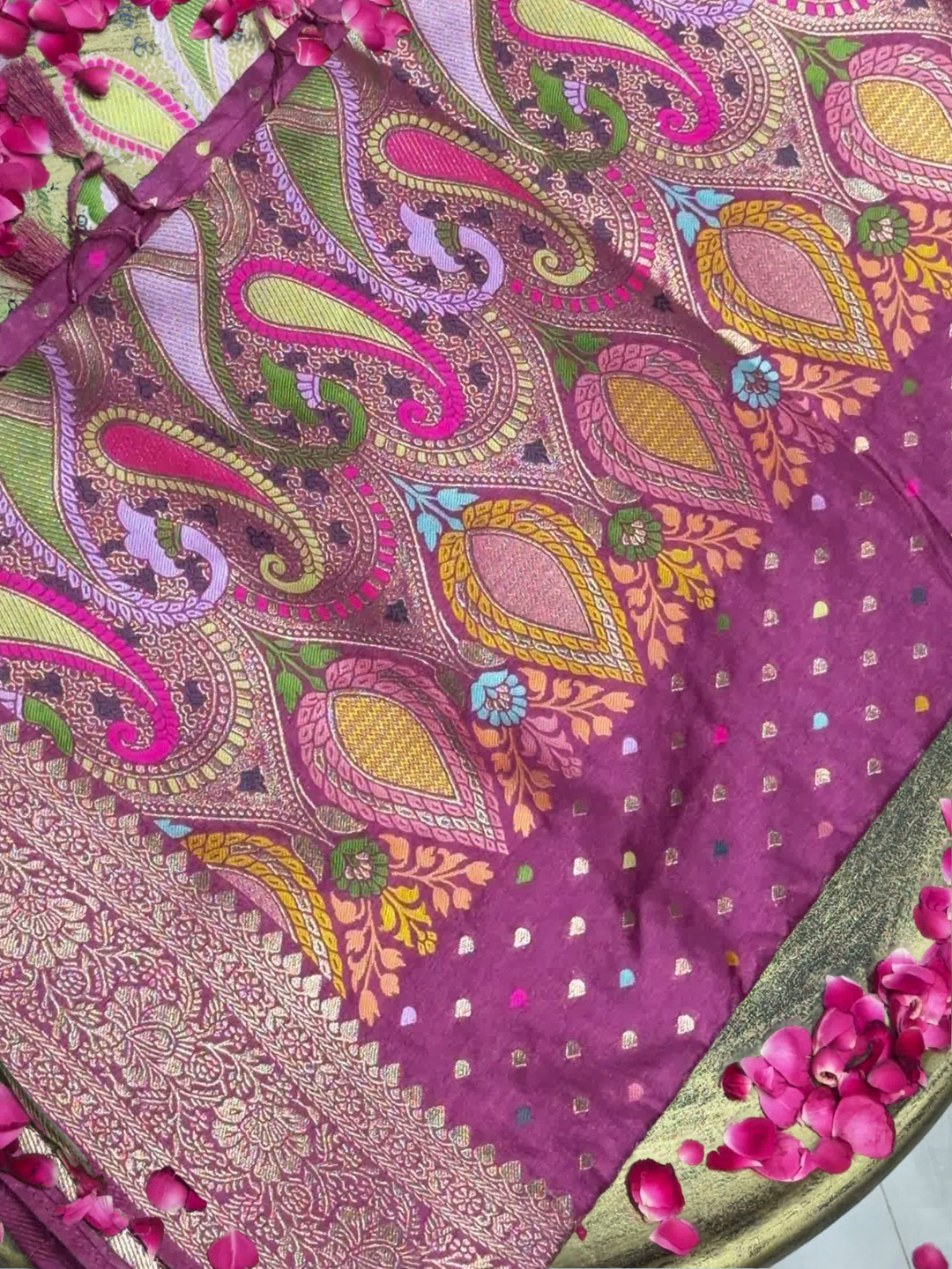 Purple Banarasi Silk Woven Booti Saree with Multicolor Paisley Pallu