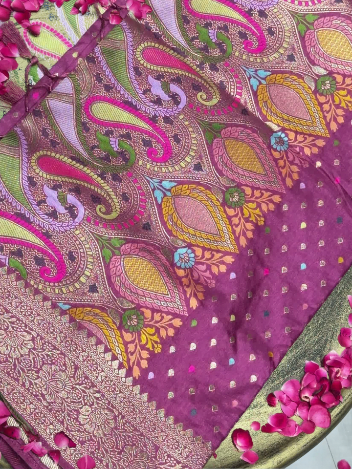 Purple Banarasi Silk Woven Booti Saree with Multicolor Paisley Pallu