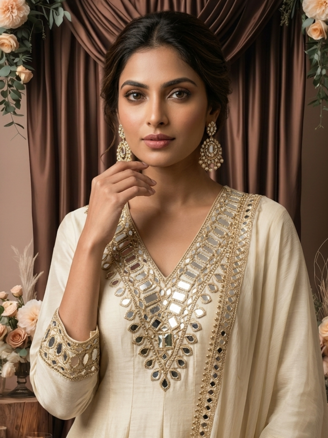 Mirror Work Silk Kurta with Sharara and Dupatta with Mirror Embroidered Pattern
