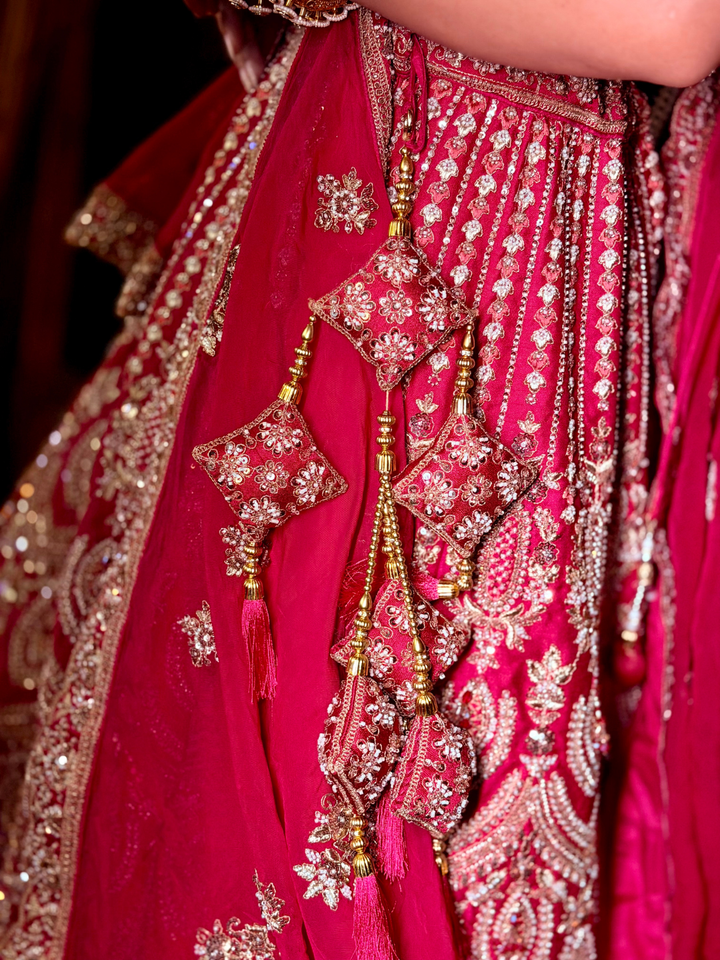 Stone Embellished Paisley Bridal Lehenga Choli Set in Pink Gold
