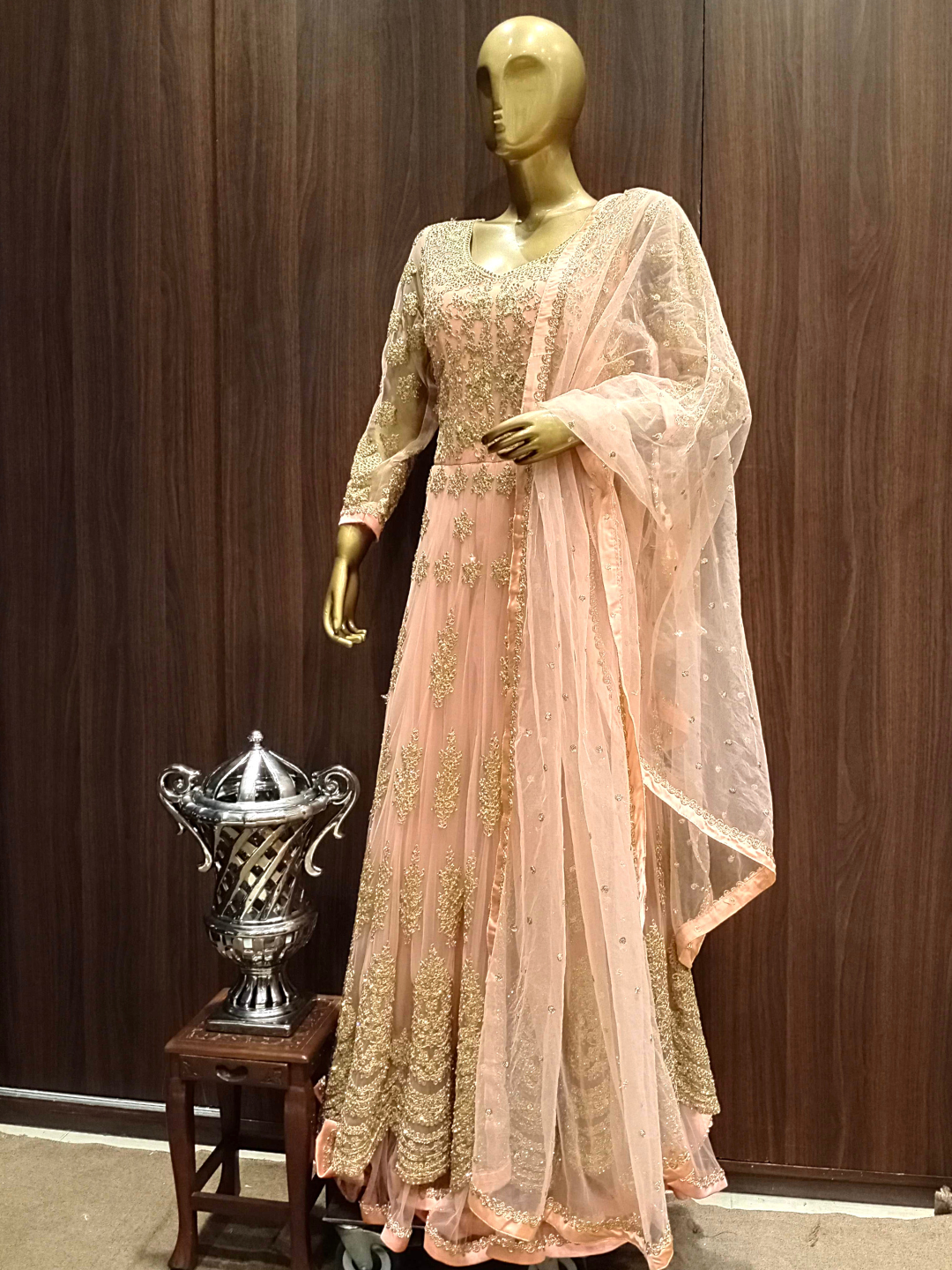 Peach Net Heavy Front Back Embroidered Anarkali with 24 kalis & Dupatta
