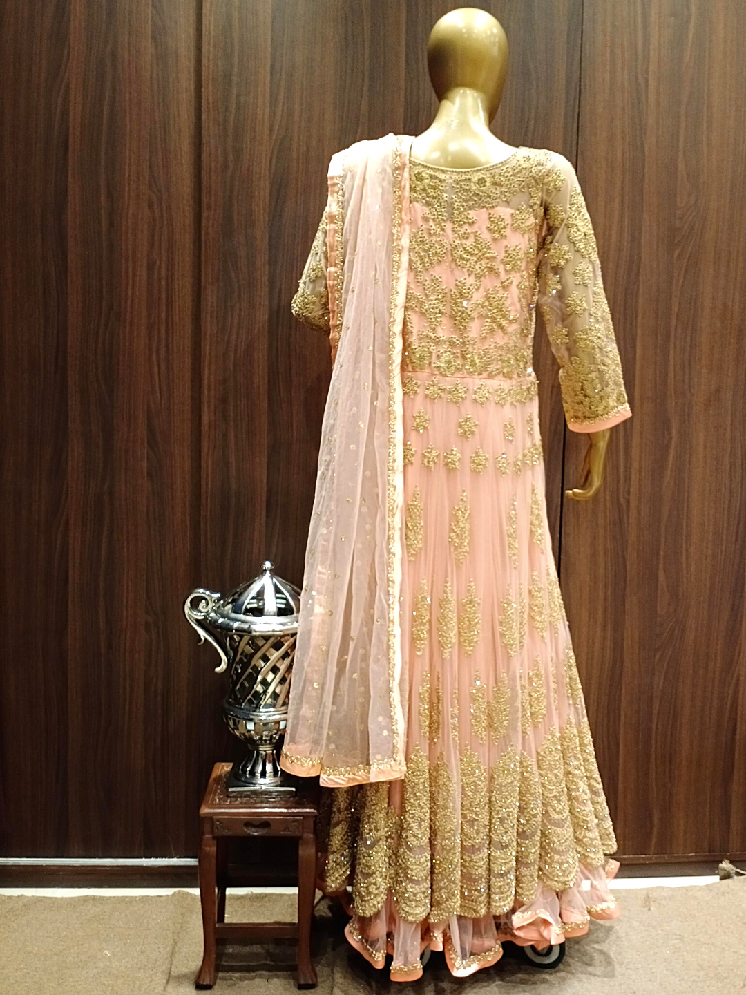 Peach Net Heavy Front Back Embroidered Anarkali with 24 kalis & Dupatta