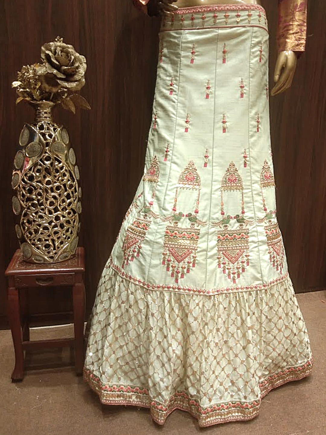 Aqua Blue Semi-Stitched Silk Lehenga Set with Contrast Crepe Dupatta & Resham Embroidery