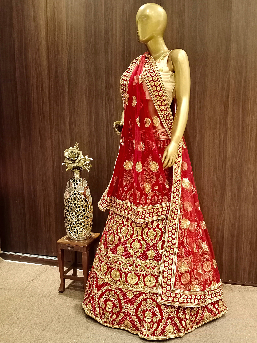 Heavy Ornate Semi-stitched Bridal Lehenga with Gold Zari ,Kundan Embroidery