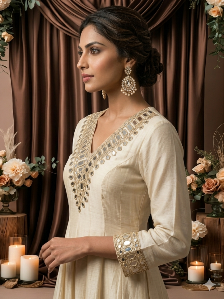 Mirror Work Silk Kurta with Sharara and Dupatta with Mirror Embroidered Pattern
