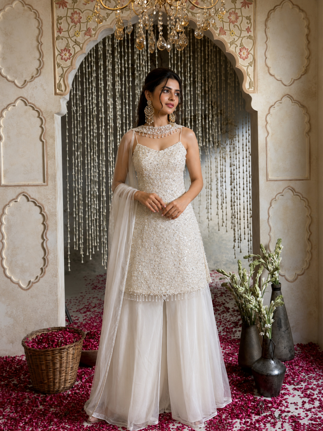 Net Sequin & Pearl Embellished Sharara Set with Dupatta in White