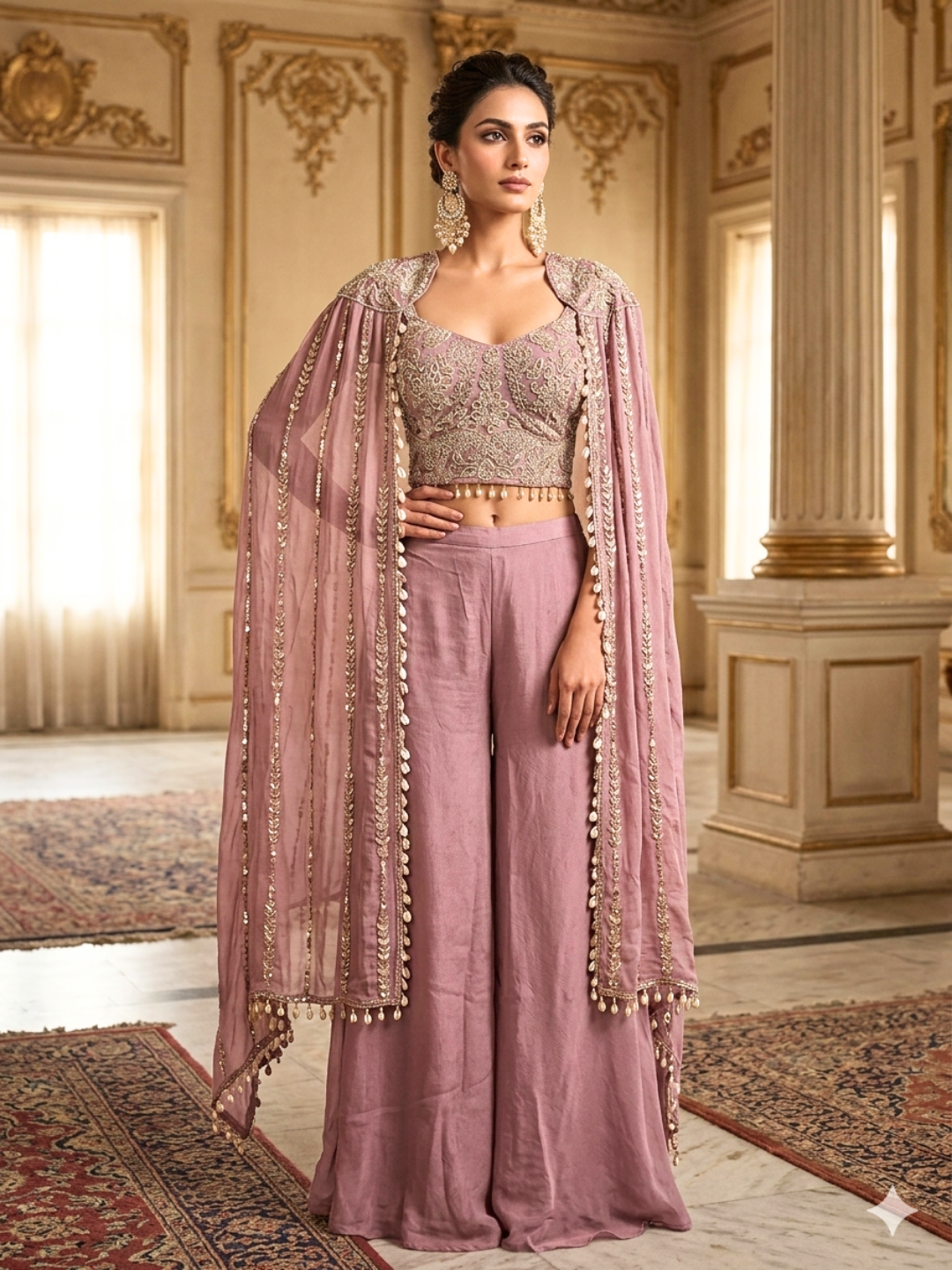 Silk Sequin & Mirror Embroidered Cape Blouse with Palazzo Set in Dusty Pink