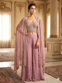 Silk Sequin & Mirror Embroidered Cape Blouse with Palazzo Set in Dusty Pink
