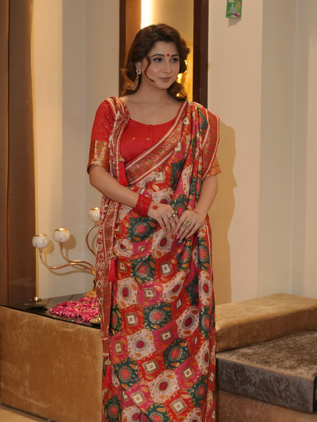 Banarasi Silk Saree with Multicolor Patchwork Geometric Print & Woven Zari Border