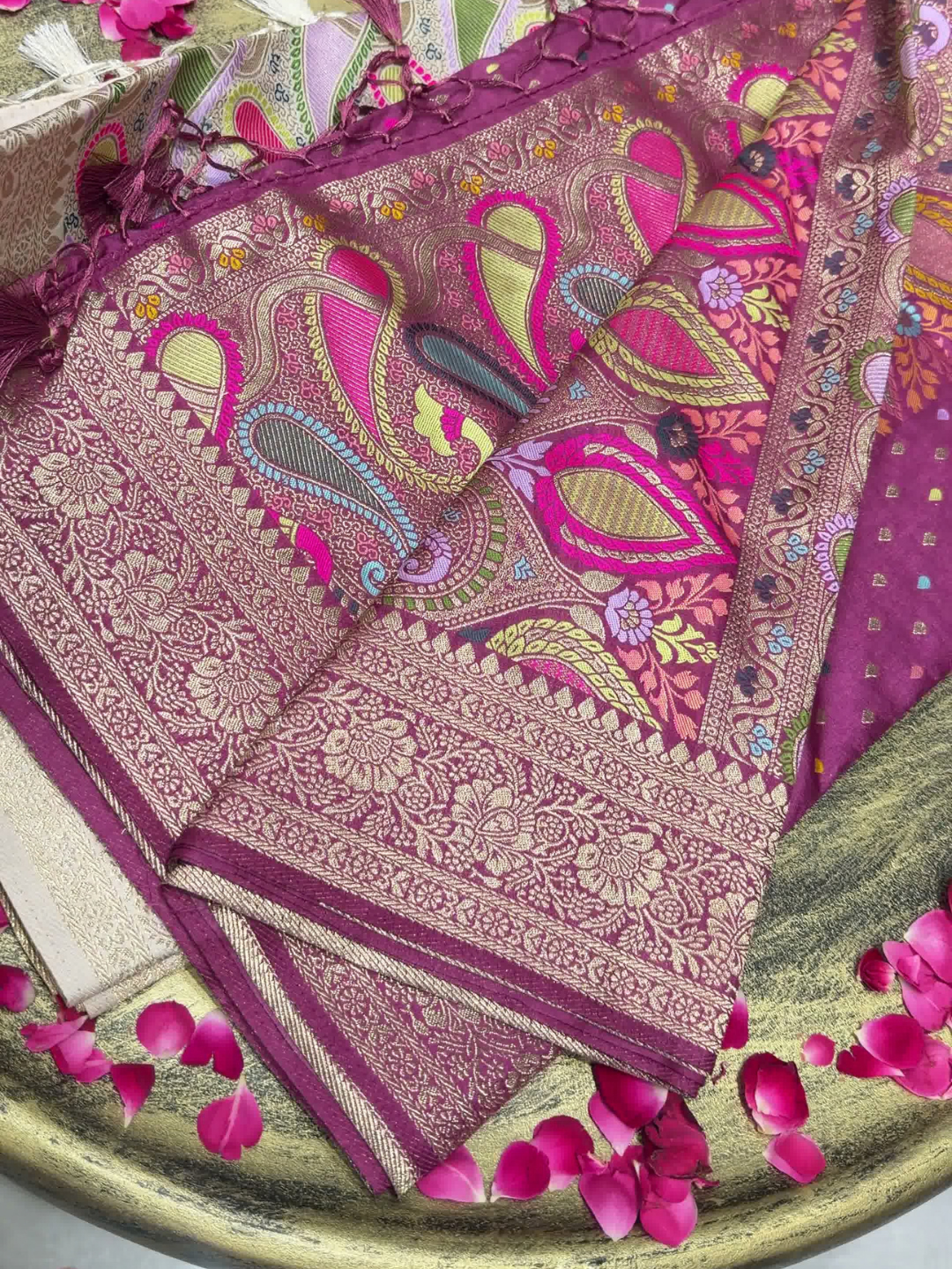 Purple Banarasi Silk Woven Booti Saree with Multicolor Paisley Pallu