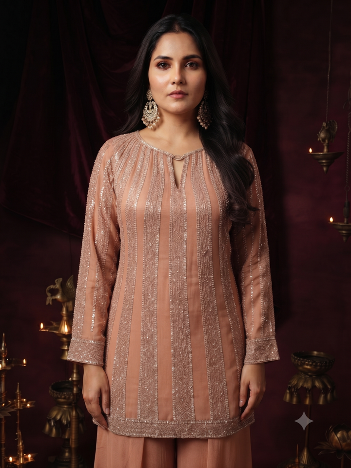 Sequin Embroidered Striped Kurta with Palazzo Set in Peach