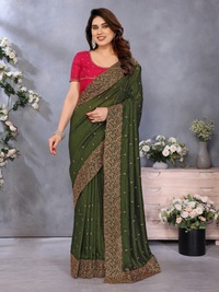 Satin Silk Heavy Zari & Stone Embroidered Floral Border Saree with Contrast Embroidered Blouse