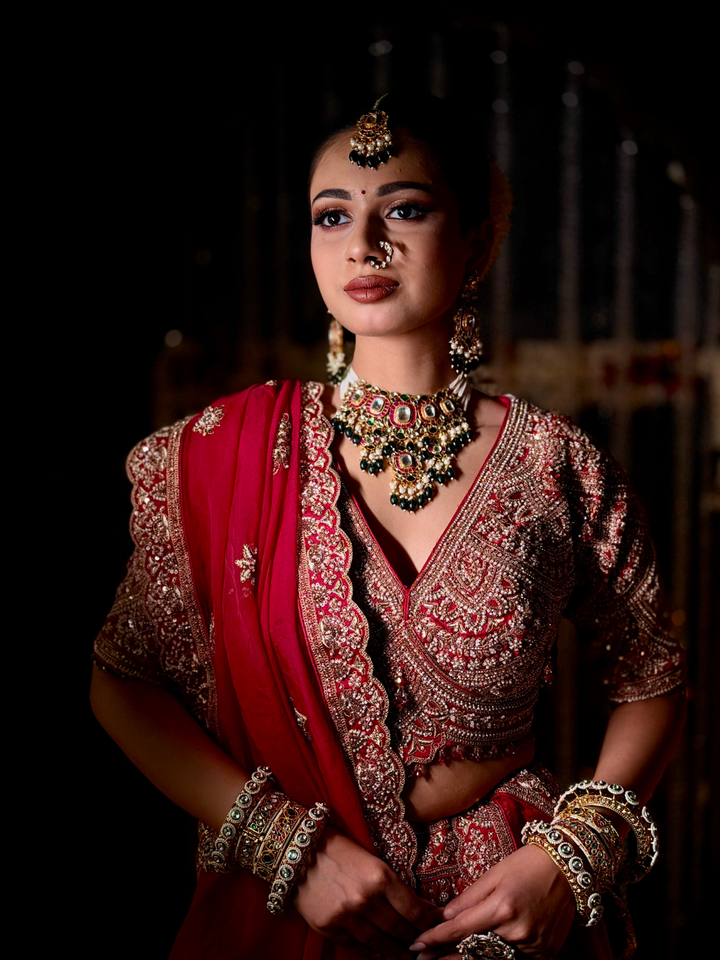 Stone Embellished Paisley Bridal Lehenga Choli Set in Pink Gold