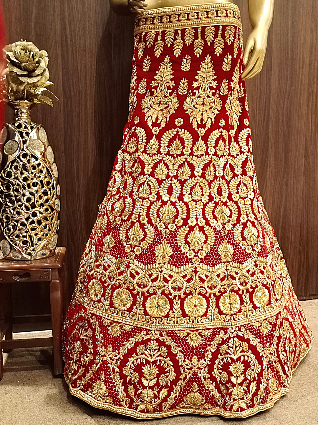 Heavy Ornate Semi-stitched Bridal Lehenga with Gold Zari ,Kundan Embroidery