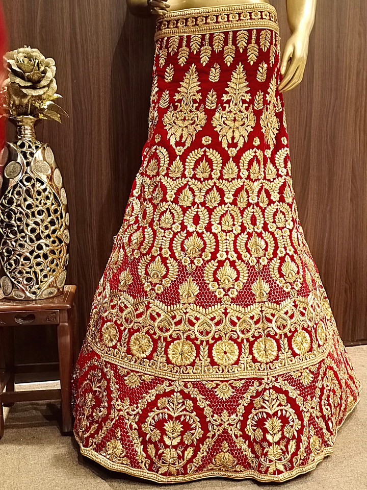Heavy Ornate Semi-stitched Bridal Lehenga with Gold Zari ,Kundan Embroidery