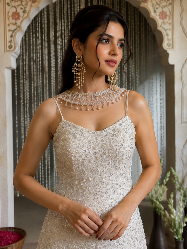 Net Sequin & Pearl Embellished Sharara Set with Dupatta in White