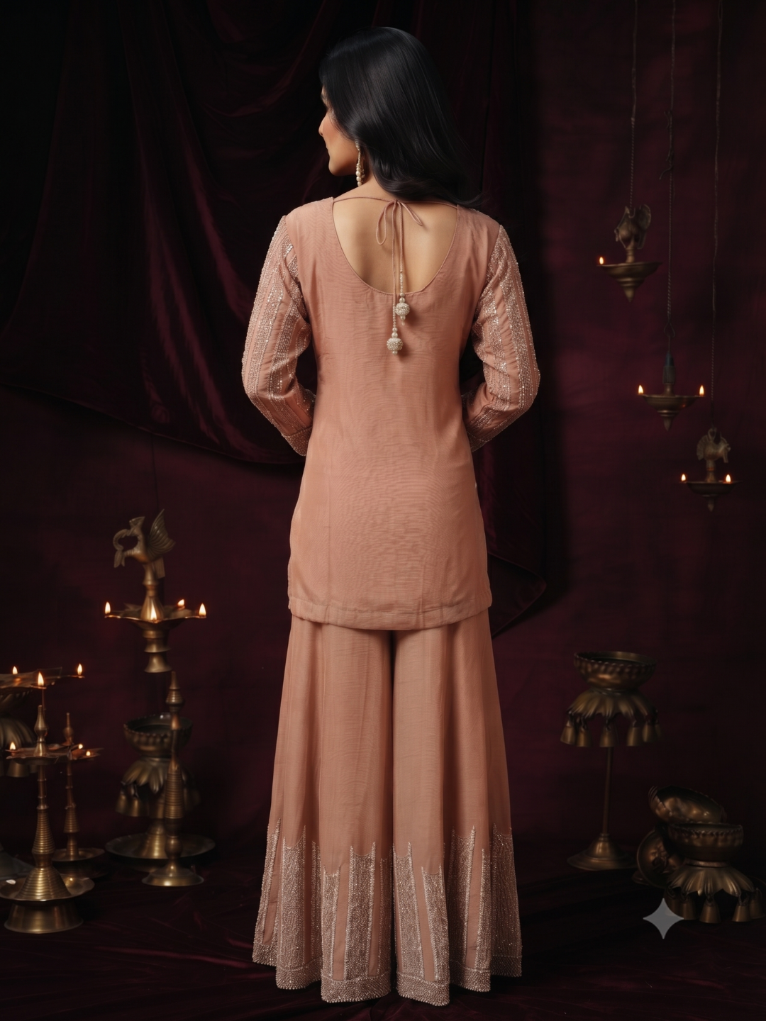Sequin Embroidered Striped Kurta with Palazzo Set in Peach