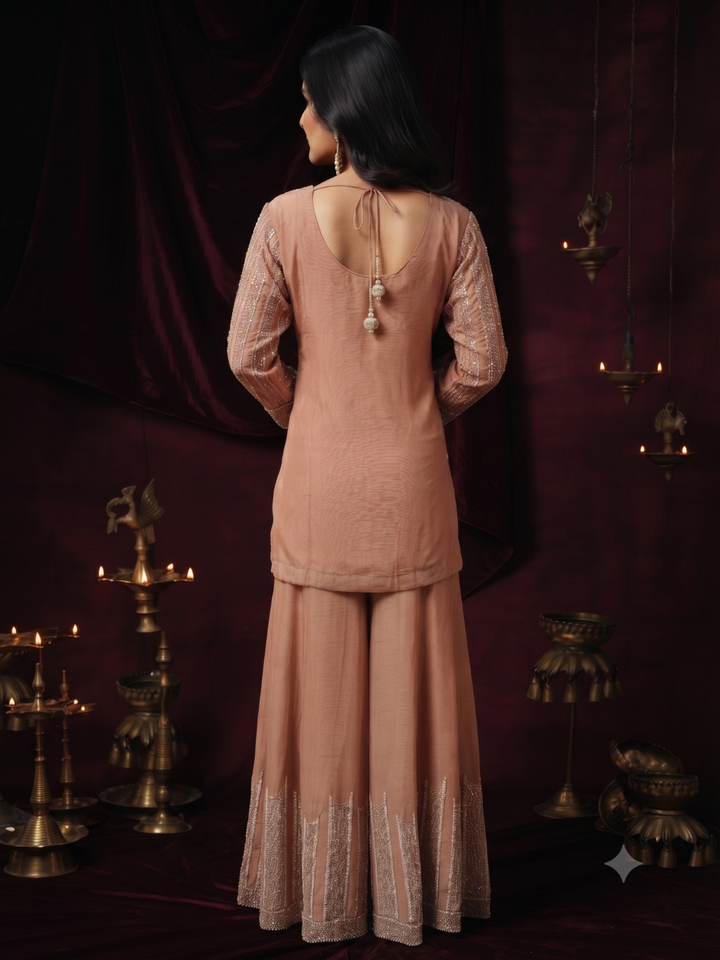 Sequin Embroidered Striped Kurta with Palazzo Set in Peach
