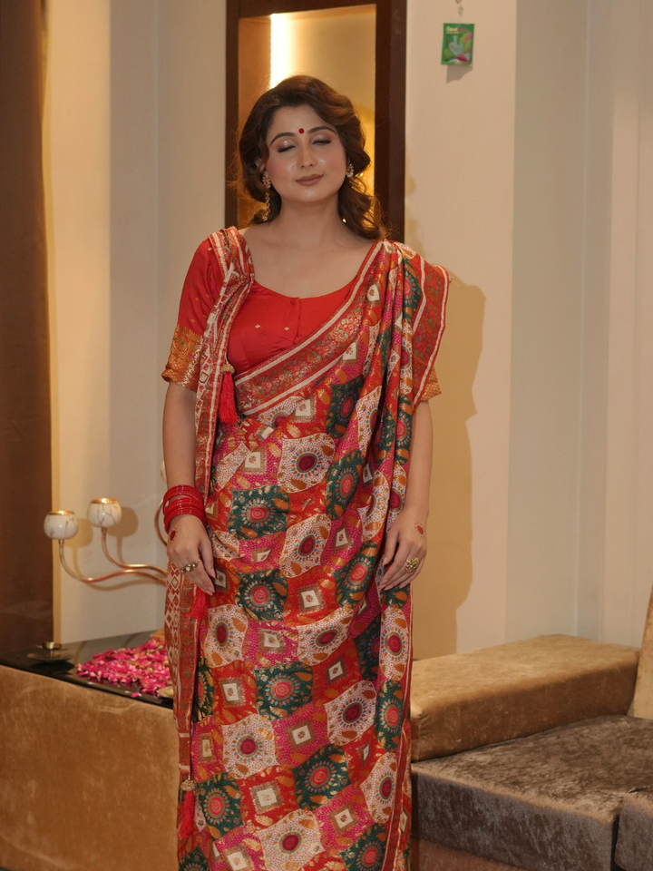Banarasi Silk Saree with Multicolor Patchwork Geometric Print & Woven Zari Border