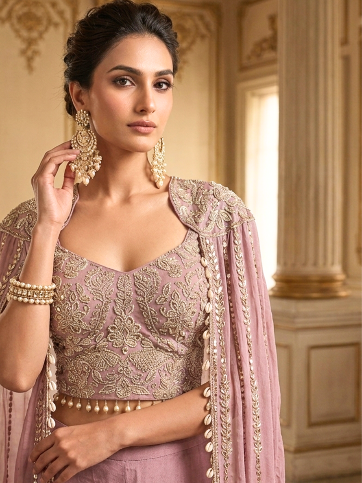 Silk Sequin & Mirror Embroidered Cape Blouse with Palazzo Set in Dusty Pink