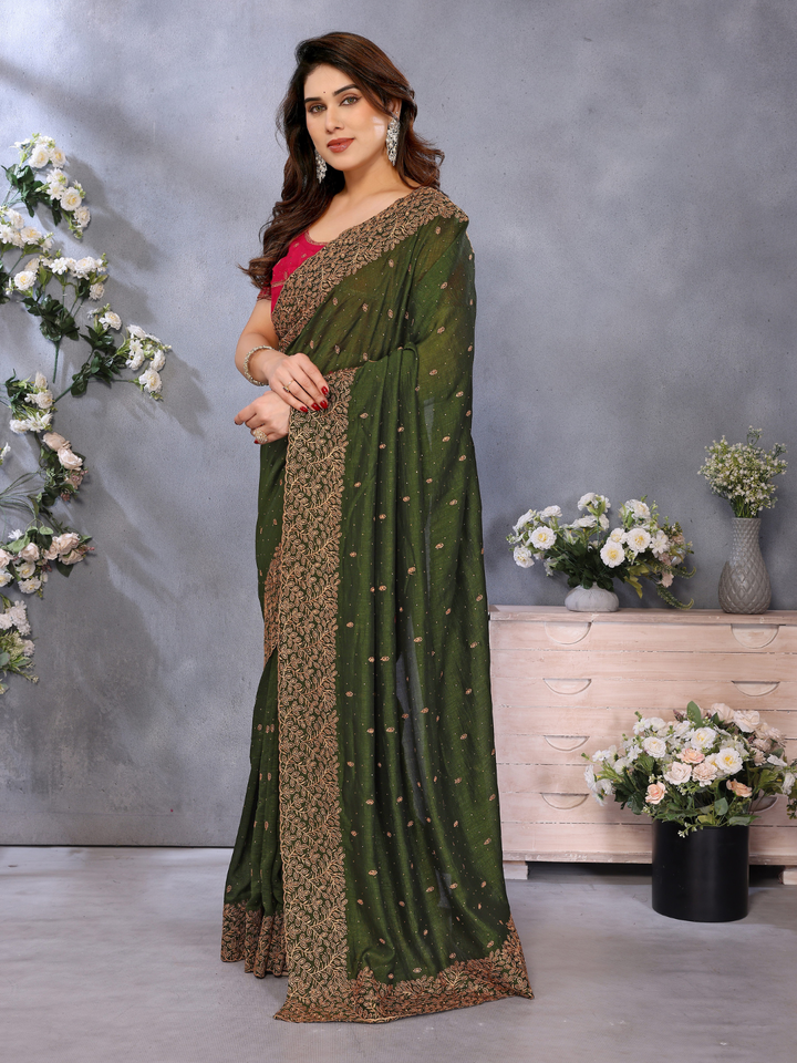Satin Silk Heavy Zari & Stone Embroidered Floral Border Saree with Contrast Embroidered Blouse