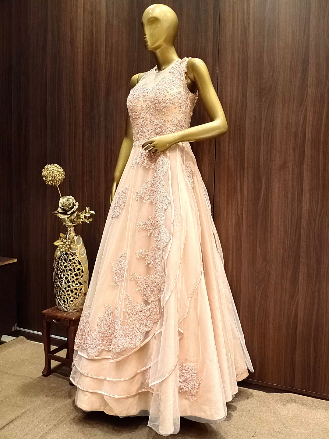 Pastel Peach Crystal Hand Embellished Layered Gown with Resham Embroidery