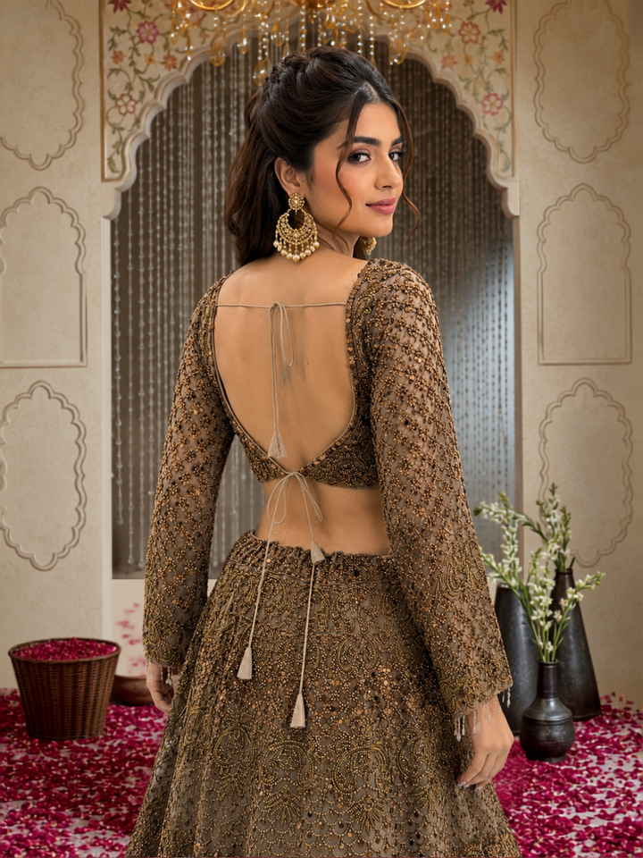 Olive Gold Net Bridal Lehenga Choli with Heavy Zari, Sequin & Mirror Work Embroidery with Crystal Tassel Hem & Net Dupatta
