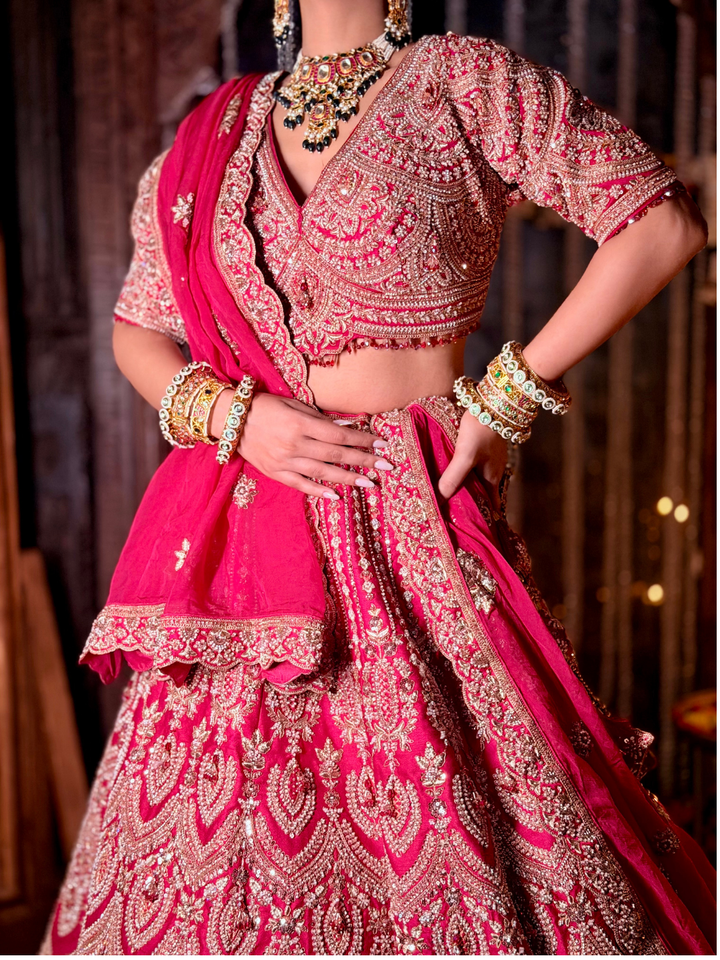 Stone Embellished Paisley Bridal Lehenga Choli Set in Pink Gold