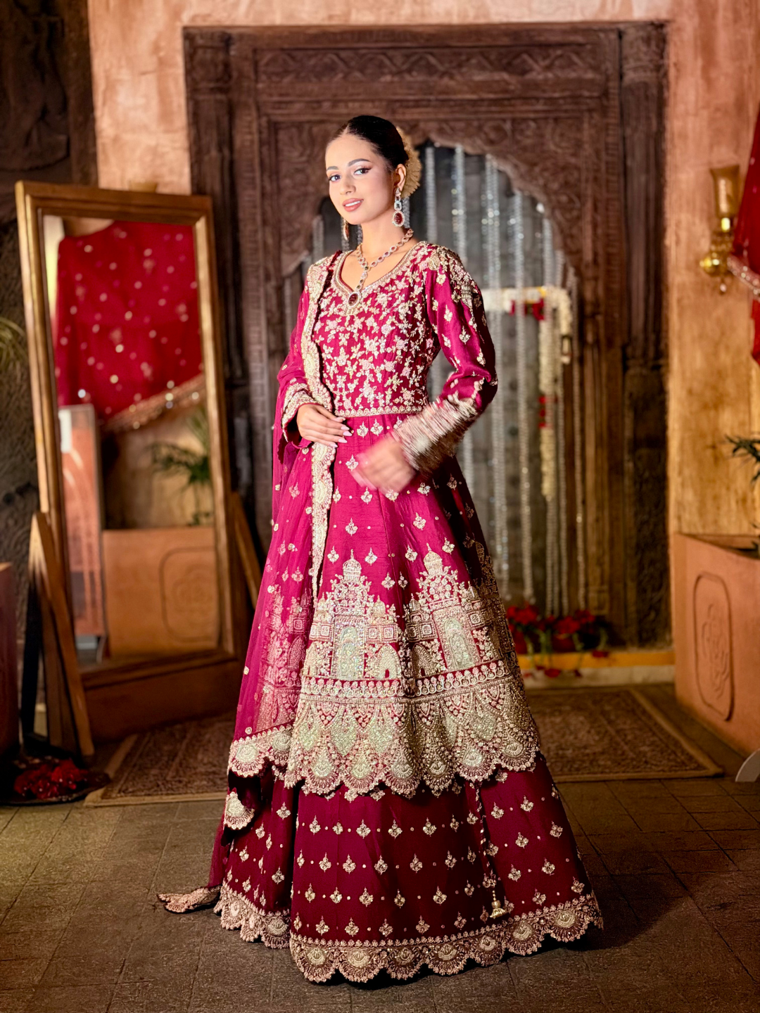 Zari Embroidered Long Kurta with Red Sharara Set in Pink