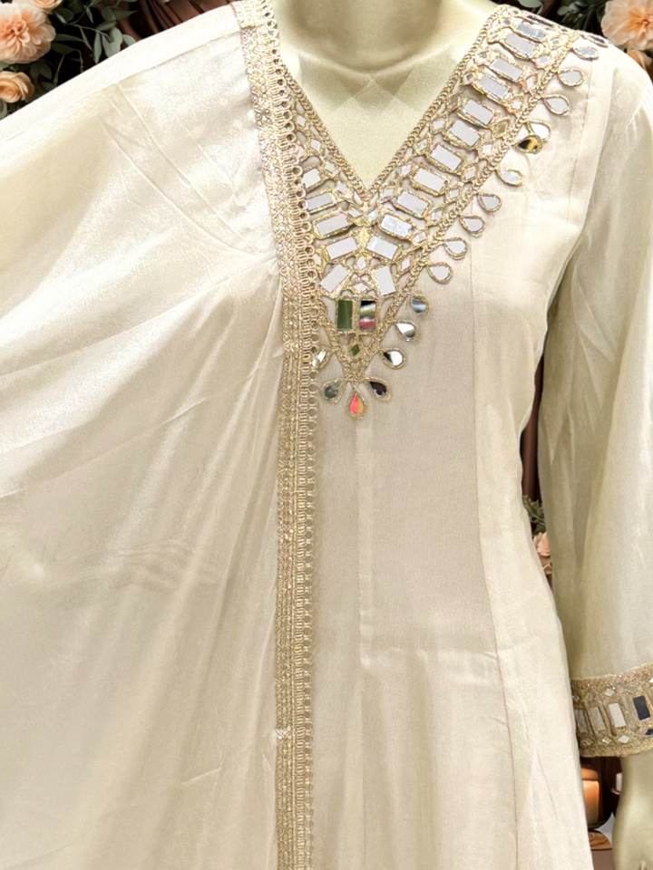 Mirror Work Silk Kurta with Sharara and Dupatta with Mirror Embroidered Pattern