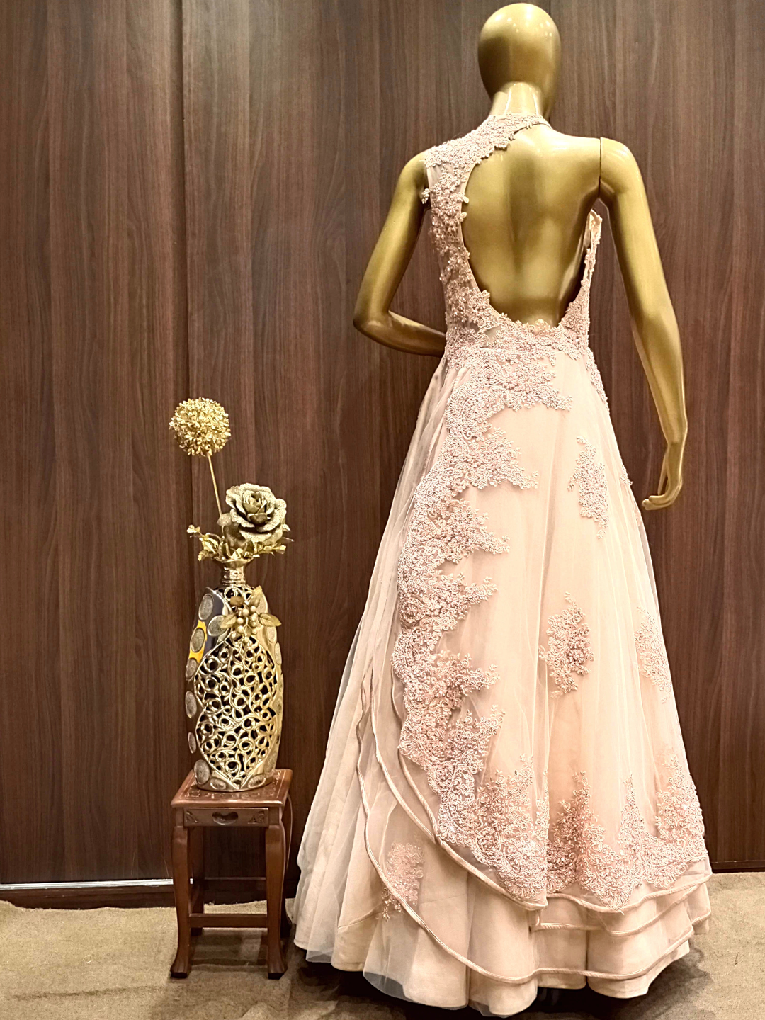 Pastel Peach Crystal Hand Embellished Layered Gown with Resham Embroidery