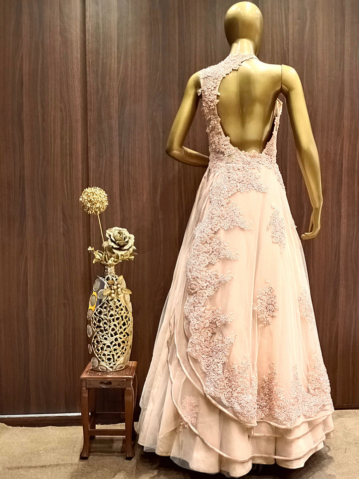 Pastel Peach Crystal Hand Embellished Layered Gown with Resham Embroidery