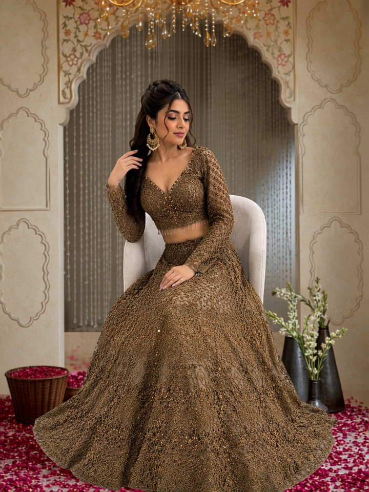 Olive Gold Net Bridal Lehenga Choli with Heavy Zari, Sequin & Mirror Work Embroidery with Crystal Tassel Hem & Net Dupatta