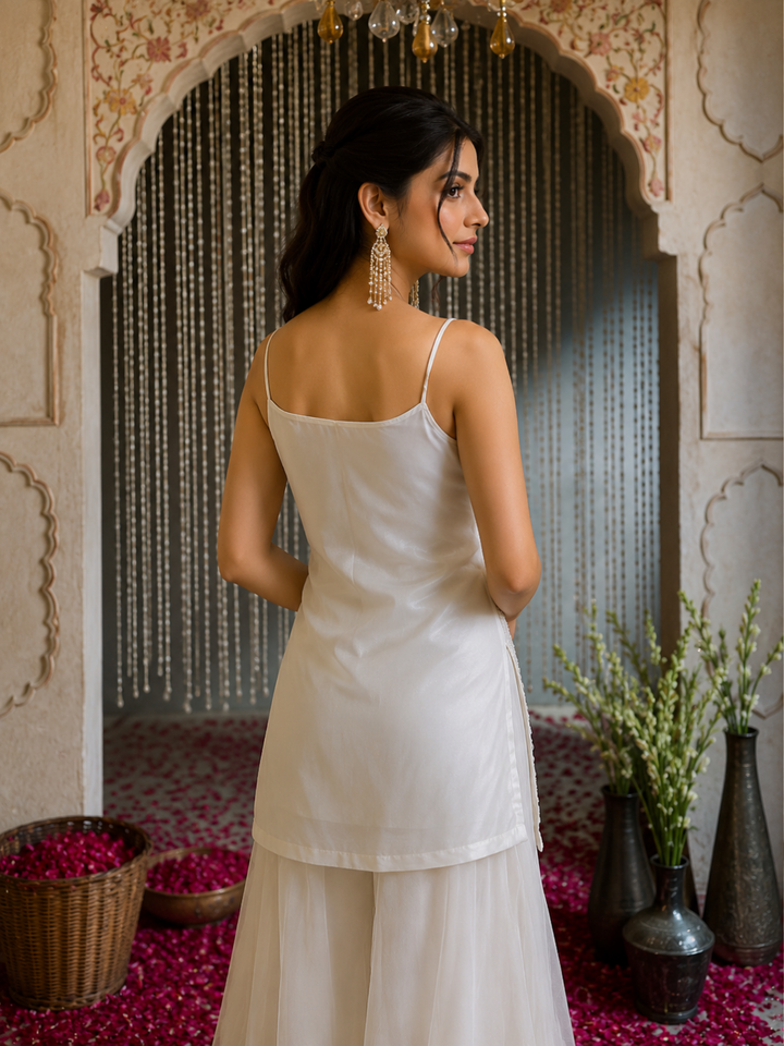 Net Sequin & Pearl Embellished Sharara Set with Dupatta in White