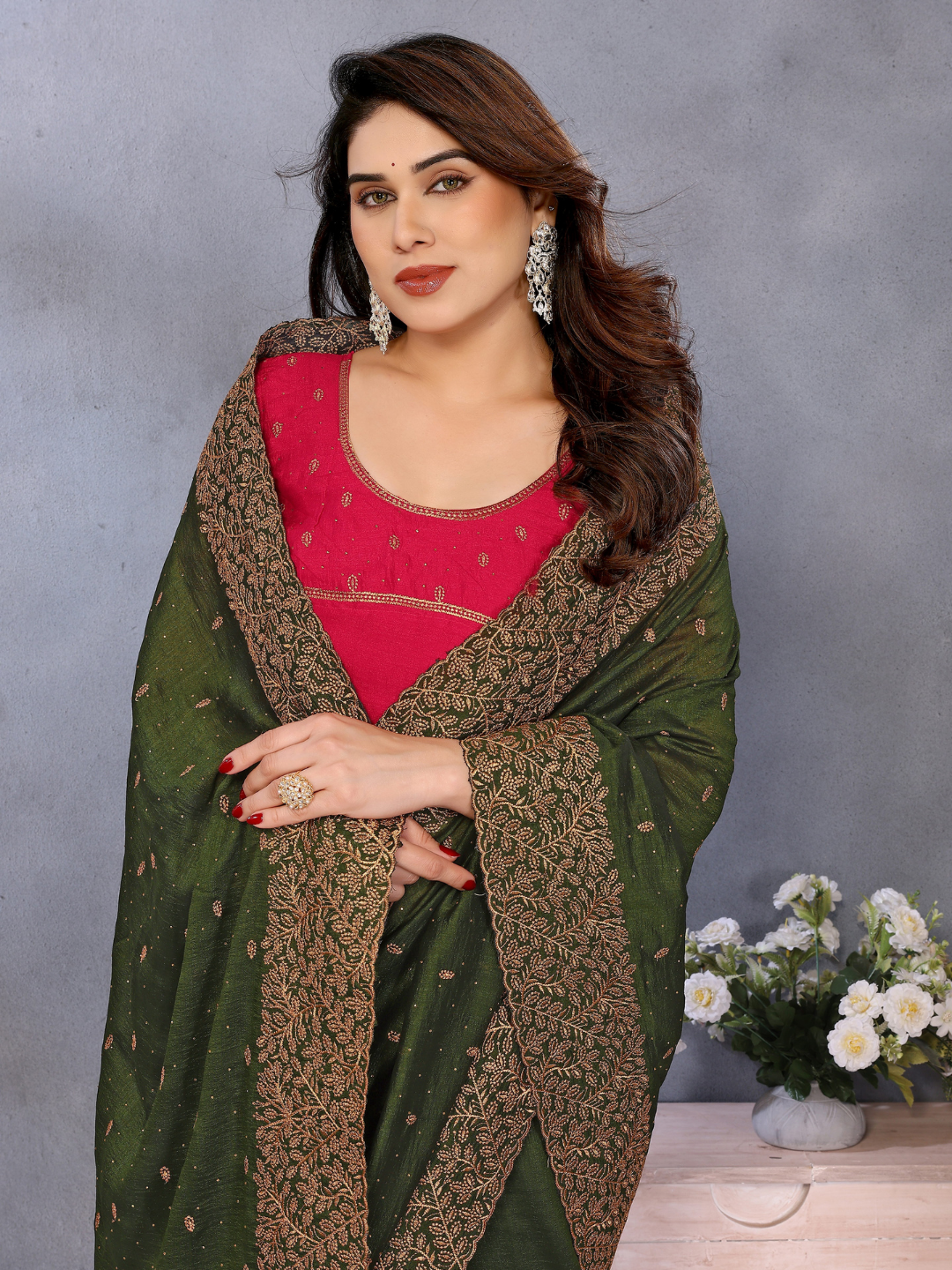 Satin Silk Heavy Zari & Stone Embroidered Floral Border Saree with Contrast Embroidered Blouse